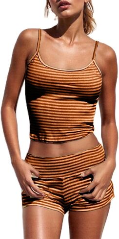 Women Fashion Striped 2 Piece Lounge Set Camisole Crop Top and Fold Over Shorts Pajama Sets Streetwear in Saudi Arabia