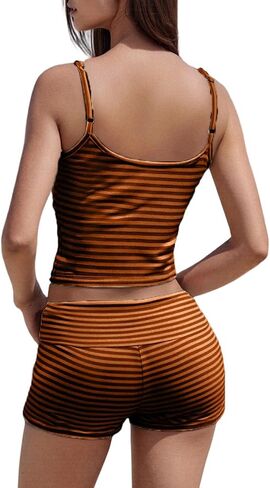 Women Fashion Striped 2 Piece Lounge Set Camisole Crop Top and Fold Over Shorts Pajama Sets Streetwear in Saudi Arabia