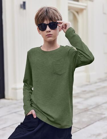 Arshiner Boys قمصان طويلة الأكمام الطويلة Crewneck t قميص Tees Tees مع جيب الصدر للأطفال من 5 إلى 12 سنة in Saudi Arabia