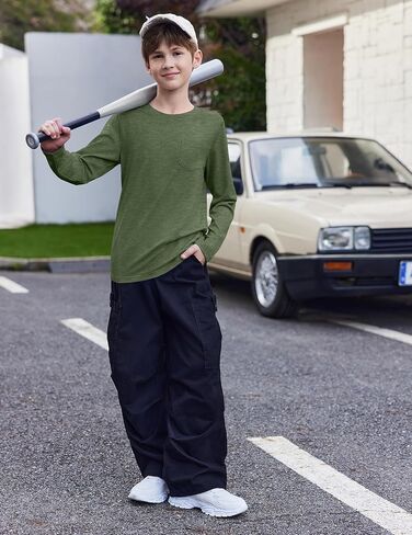 Arshiner Boys قمصان طويلة الأكمام الطويلة Crewneck t قميص Tees Tees مع جيب الصدر للأطفال من 5 إلى 12 سنة in Saudi Arabia