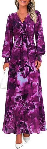 PRETTYGARDEN Women's 2025 Fall Boho Maxi Dress Floral Long Sleeve V Neck Flowy Belted Elegant Holiday Party Dresses in Saudi Arabia