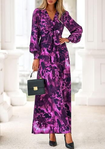 PRETTYGARDEN Women's 2025 Fall Boho Maxi Dress Floral Long Sleeve V Neck Flowy Belted Elegant Holiday Party Dresses in Saudi Arabia