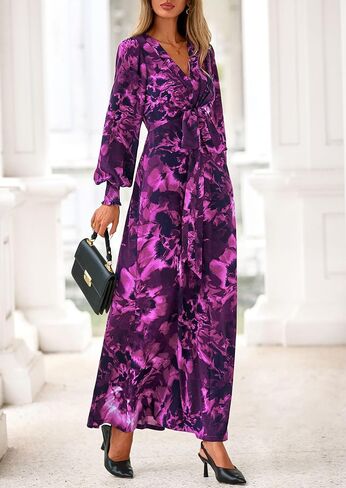 PRETTYGARDEN Women's 2025 Fall Boho Maxi Dress Floral Long Sleeve V Neck Flowy Belted Elegant Holiday Party Dresses in Saudi Arabia