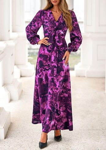 PRETTYGARDEN Women's 2025 Fall Boho Maxi Dress Floral Long Sleeve V Neck Flowy Belted Elegant Holiday Party Dresses in Saudi Arabia