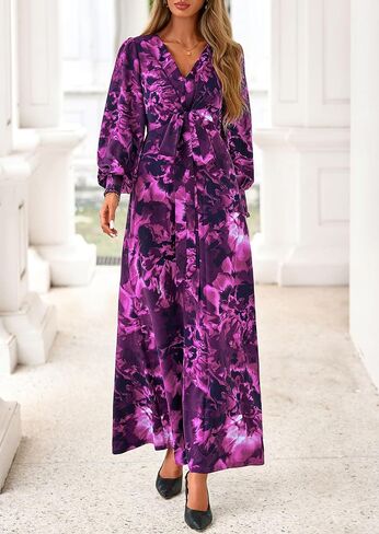PRETTYGARDEN Women's 2025 Fall Boho Maxi Dress Floral Long Sleeve V Neck Flowy Belted Elegant Holiday Party Dresses in Saudi Arabia