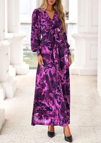 PRETTYGARDEN Women's 2025 Fall Boho Maxi Dress Floral Long Sleeve V Neck Flowy Belted Elegant Holiday Party Dresses in Saudi Arabia