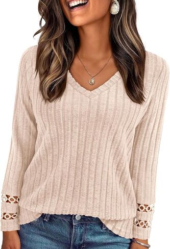 PRETTYGARDEN Women's Long Sleeve Shirts Ribbed Knit V Neck Tee Dressy Casual Blouses Going Out Tunic Tops 2025 Fall Outfits in Saudi Arabia