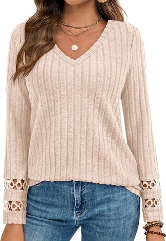 PRETTYGARDEN Women's Long Sleeve Shirts Ribbed Knit V Neck Tee Dressy Casual Blouses Going Out Tunic Tops 2025 Fall Outfits in Saudi Arabia
