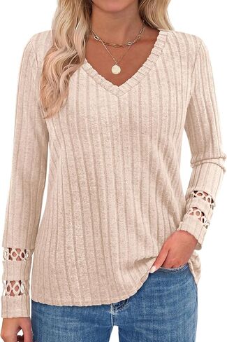 PRETTYGARDEN Women's Long Sleeve Shirts Ribbed Knit V Neck Tee Dressy Casual Blouses Going Out Tunic Tops 2025 Fall Outfits in Saudi Arabia