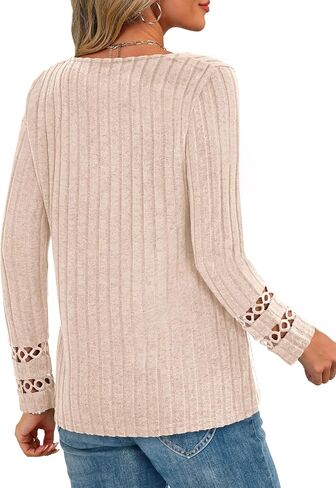 PRETTYGARDEN Women's Long Sleeve Shirts Ribbed Knit V Neck Tee Dressy Casual Blouses Going Out Tunic Tops 2025 Fall Outfits in Saudi Arabia