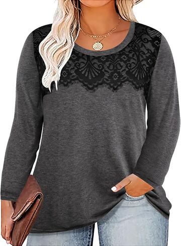 TIYOMI Plus Size Tops Long Sleeve Black Lace Dressy Casual T-shirt Fall Lightweight Sweatshirt Tunics Pullover XL-5XL in Saudi Arabia