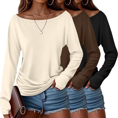 Huukeay 3 Pack Off The Shoulder Boat Neck Tops for Women, Long Sleeve Thumbhole Side Ruched Shirts Loose Causal Tunic Tees in Saudi Arabia