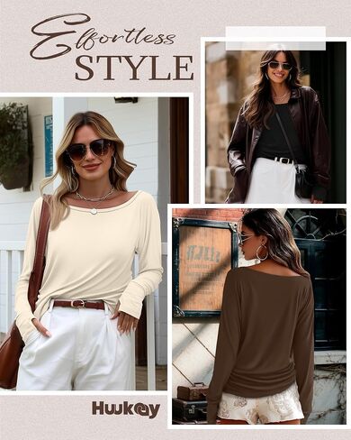 Huukeay 3 Pack Off The Shoulder Boat Neck Tops for Women, Long Sleeve Thumbhole Side Ruched Shirts Loose Causal Tunic Tees in Saudi Arabia