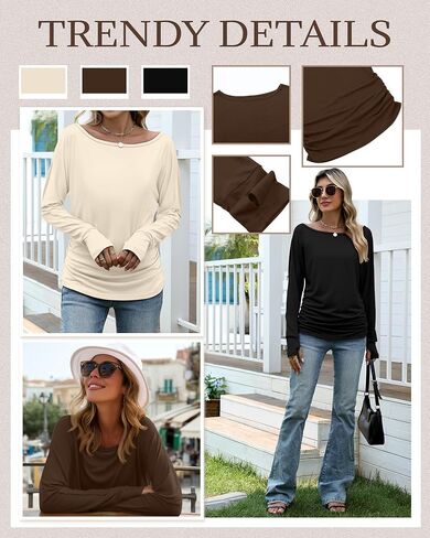 Huukeay 3 Pack Off The Shoulder Boat Neck Tops for Women, Long Sleeve Thumbhole Side Ruched Shirts Loose Causal Tunic Tees in Saudi Arabia