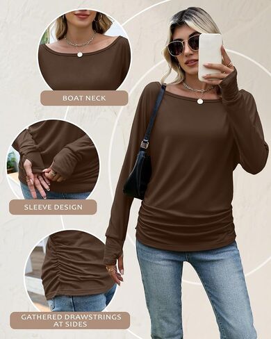 Huukeay 3 Pack Off The Shoulder Boat Neck Tops for Women, Long Sleeve Thumbhole Side Ruched Shirts Loose Causal Tunic Tees in Saudi Arabia