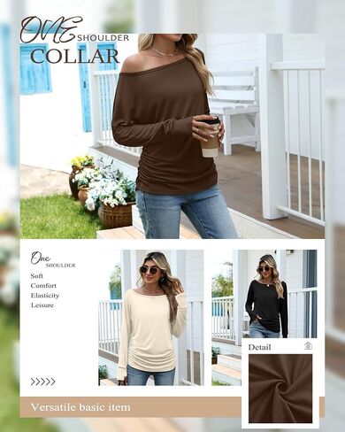 Huukeay 3 Pack Off The Shoulder Boat Neck Tops for Women, Long Sleeve Thumbhole Side Ruched Shirts Loose Causal Tunic Tees in Saudi Arabia