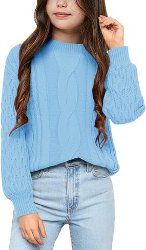 Girls Cable Knit Sweaters Crewneck Lantern Long Sleeve Drop Shoulder Warm Jumpers for Kids Size 5-14Y in Kuwait