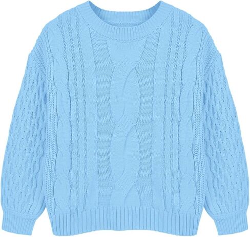Girls Cable Knit Sweaters Crewneck Lantern Long Sleeve Drop Shoulder Warm Jumpers for Kids Size 5-14Y in Kuwait