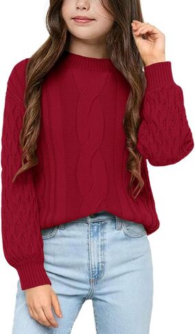 Girls Cable Knit Sweaters Crewneck Lantern Long Sleeve Drop Shoulder Warm Jumpers for Kids Size 5-14Y in Kuwait