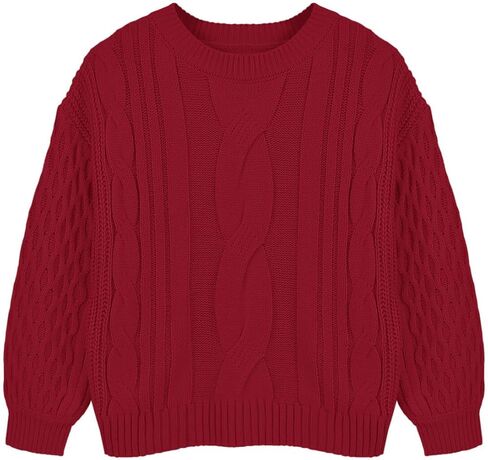Girls Cable Knit Sweaters Crewneck Lantern Long Sleeve Drop Shoulder Warm Jumpers for Kids Size 5-14Y in Kuwait