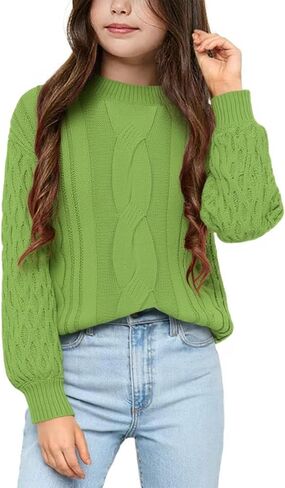 Girls Cable Knit Sweaters Crewneck Lantern Long Sleeve Drop Shoulder Warm Jumpers for Kids Size 5-14Y in Kuwait