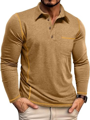 Mens Athletic Polo Shirt Cotton Workout Button Collar Long Sleeve Shirts with Pocket in Saudi Arabia