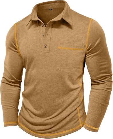 Mens Athletic Polo Shirt Cotton Workout Button Collar Long Sleeve Shirts with Pocket in Saudi Arabia