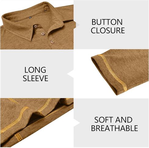 Mens Athletic Polo Shirt Cotton Workout Button Collar Long Sleeve Shirts with Pocket in Saudi Arabia