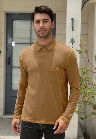 Mens Athletic Polo Shirt Cotton Workout Button Collar Long Sleeve Shirts with Pocket in Saudi Arabia