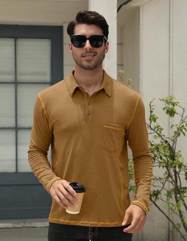 Mens Athletic Polo Shirt Cotton Workout Button Collar Long Sleeve Shirts with Pocket in Saudi Arabia