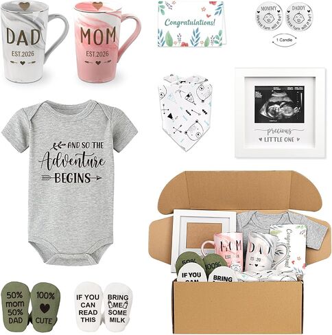 New Parents Gift Set Est 2025 Pregnancy Announcement Gifts for Couples-First Time New Mom Basket for Baby Shower Gender Reveal-Mom & Dad Mugs, Decision Coin, Baby Ultrasound Frame, Onesie, Bib, Socks in Saudi Arabia