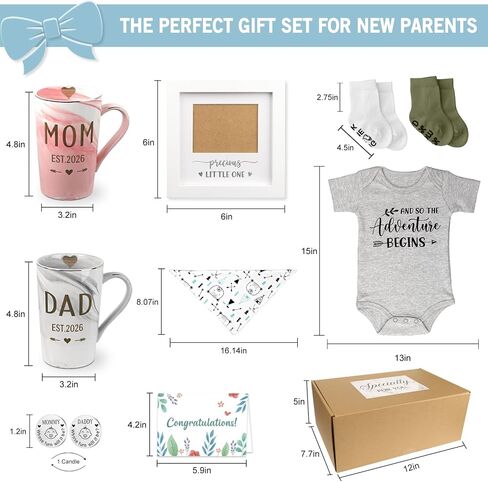 New Parents Gift Set Est 2025 Pregnancy Announcement Gifts for Couples-First Time New Mom Basket for Baby Shower Gender Reveal-Mom & Dad Mugs, Decision Coin, Baby Ultrasound Frame, Onesie, Bib, Socks in Saudi Arabia