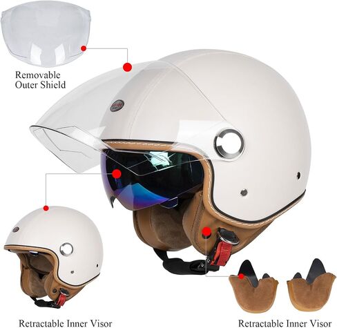 Open Face Motorcycle Helmets, DOT Approved 3/4 Moped Helmet Dual Visor Quick Release Buckle, Motorcycle Helmets for Adults, Vintage Helmets for Moped Scooter in Kuwait