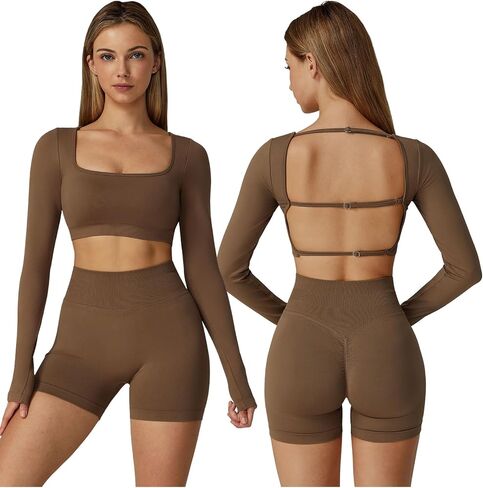 ABOCIW Workout Sets for Women 2 Piece Seamless Long Sleeve Crop Top Scrunch Butt High Waisted Shorts Gym Sets in Saudi Arabia