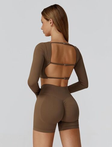 ABOCIW Workout Sets for Women 2 Piece Seamless Long Sleeve Crop Top Scrunch Butt High Waisted Shorts Gym Sets in Saudi Arabia