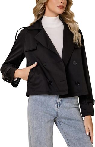 Cropped Trench Coat For Women Double Breasted Casual Trendy Long Sleeve Short Jacket in Kuwait