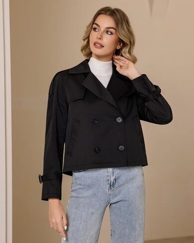 Cropped Trench Coat For Women Double Breasted Casual Trendy Long Sleeve Short Jacket in Kuwait