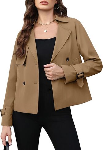 Agseem Womens Cost Trench Coat Coat عرضة مزدوجة الصدر الطويلة الطاغية السترات القصيرة مع جيوب أزياء الملابس الخارجية 2025 in Kuwait