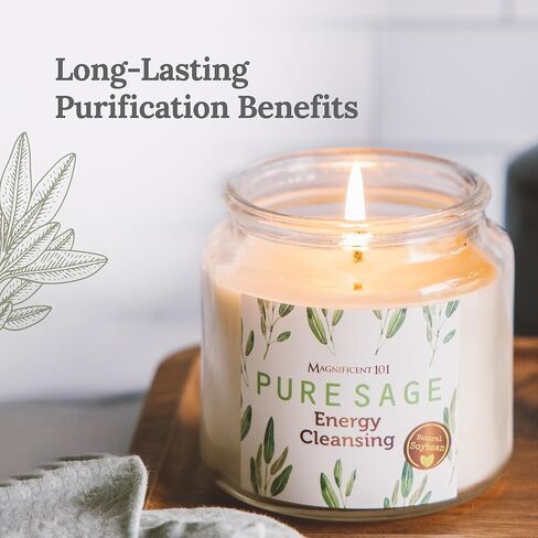 Magnificent 101 Pure Sage Energy Cleansing Aromatherapy Glass Candle for Meditation, Manifestation, and Intention-Setting - 14.5 oz with Lid, Natural Soy Wax and Essential Oil | 56-Hour Burn Time in Kuwait