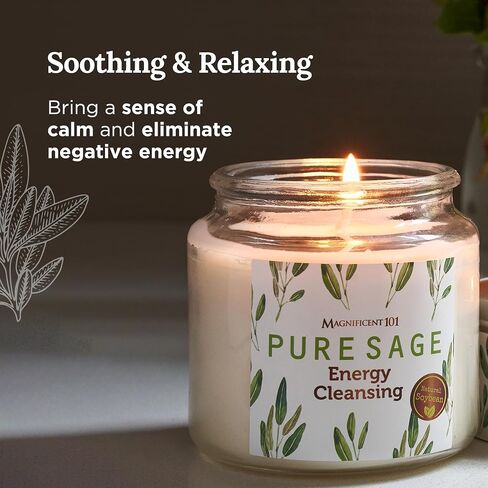 Magnificent 101 Pure Sage Energy Cleansing Aromatherapy Glass Candle for Meditation, Manifestation, and Intention-Setting - 14.5 oz with Lid, Natural Soy Wax and Essential Oil | 56-Hour Burn Time in Kuwait