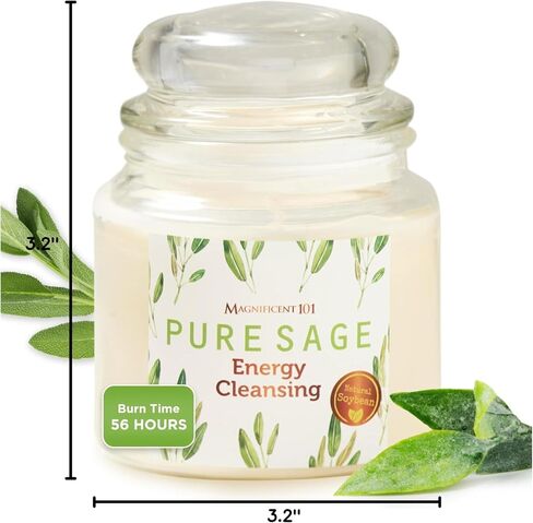 Magnificent 101 Pure Sage Energy Cleansing Aromatherapy Glass Candle for Meditation, Manifestation, and Intention-Setting - 14.5 oz with Lid, Natural Soy Wax and Essential Oil | 56-Hour Burn Time in Kuwait
