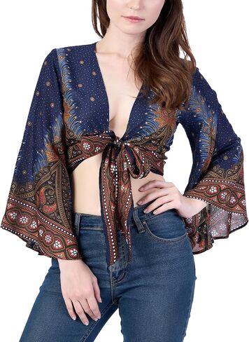 Lannaclothesdesign Boho Wrap Top for Women Beach Fashion - Tops Rayon Womens Tops مع جرس الأكمام in Kuwait