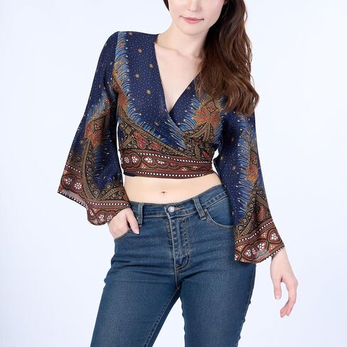 Lannaclothesdesign Boho Wrap Top for Women Beach Fashion - Tops Rayon Womens Tops مع جرس الأكمام in Kuwait
