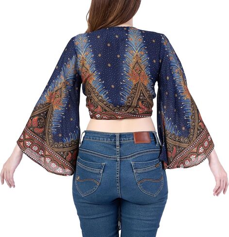 Lannaclothesdesign Boho Wrap Top for Women Beach Fashion - Tops Rayon Womens Tops مع جرس الأكمام in Kuwait