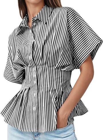 زر Tankaneo Womens Peplum Button أسفل القمصان القصيرة الأكمام المطوية قمم الصيف بلوزات عارضة الأعمال غير الرسمية in Saudi Arabia