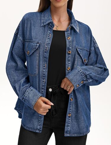 Women's Oversized Denim Shirt Long Sleeve Boyfriend Jean Jacket Button Down Blouse Top in Saudi Arabia