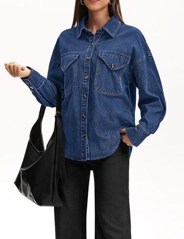 Women's Oversized Denim Shirt Long Sleeve Boyfriend Jean Jacket Button Down Blouse Top in Saudi Arabia