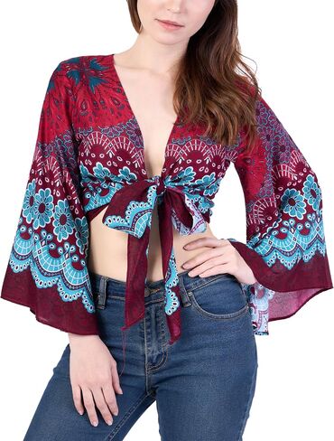 Lannaclothesdesign Boho Wrap Top for Women Beach Fashion - Tops Rayon Womens Tops مع جرس الأكمام in Kuwait
