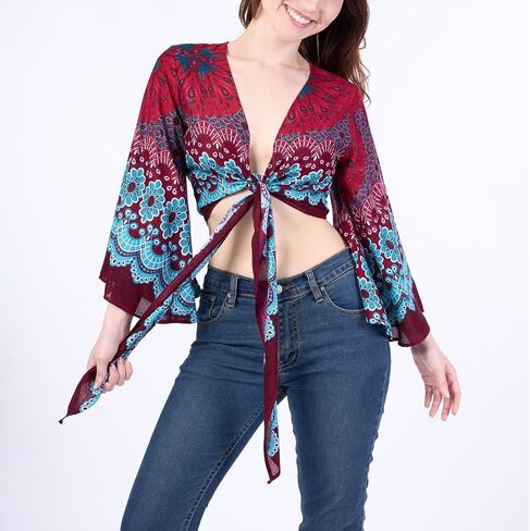 Lannaclothesdesign Boho Wrap Top for Women Beach Fashion - Tops Rayon Womens Tops مع جرس الأكمام in Kuwait