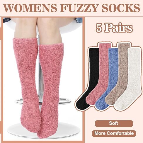 Hoosige 5 Pairs Womens Fuzzy Slipper Socks Soft Knee High Socks Assorted Long Socks Fluffy Winter Gift Plush New Year Socks in Saudi Arabia